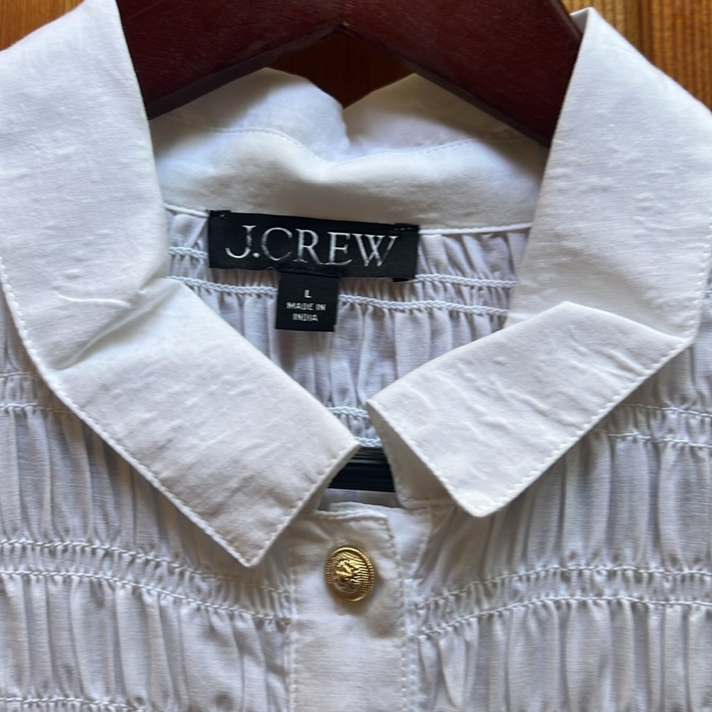 J. Crew Top Smocked button-up shirt in cotton-blend voile / white / Sz. L - Picture 5 of 12